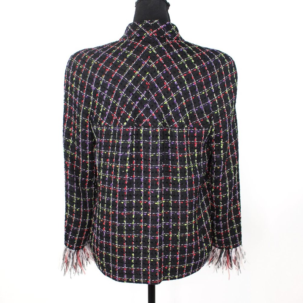 Chanel Black Multicolor Plaid Tweed Ostrich Feather Trim Cuffs Blazer Jacket 44 - Picture 7 of 10